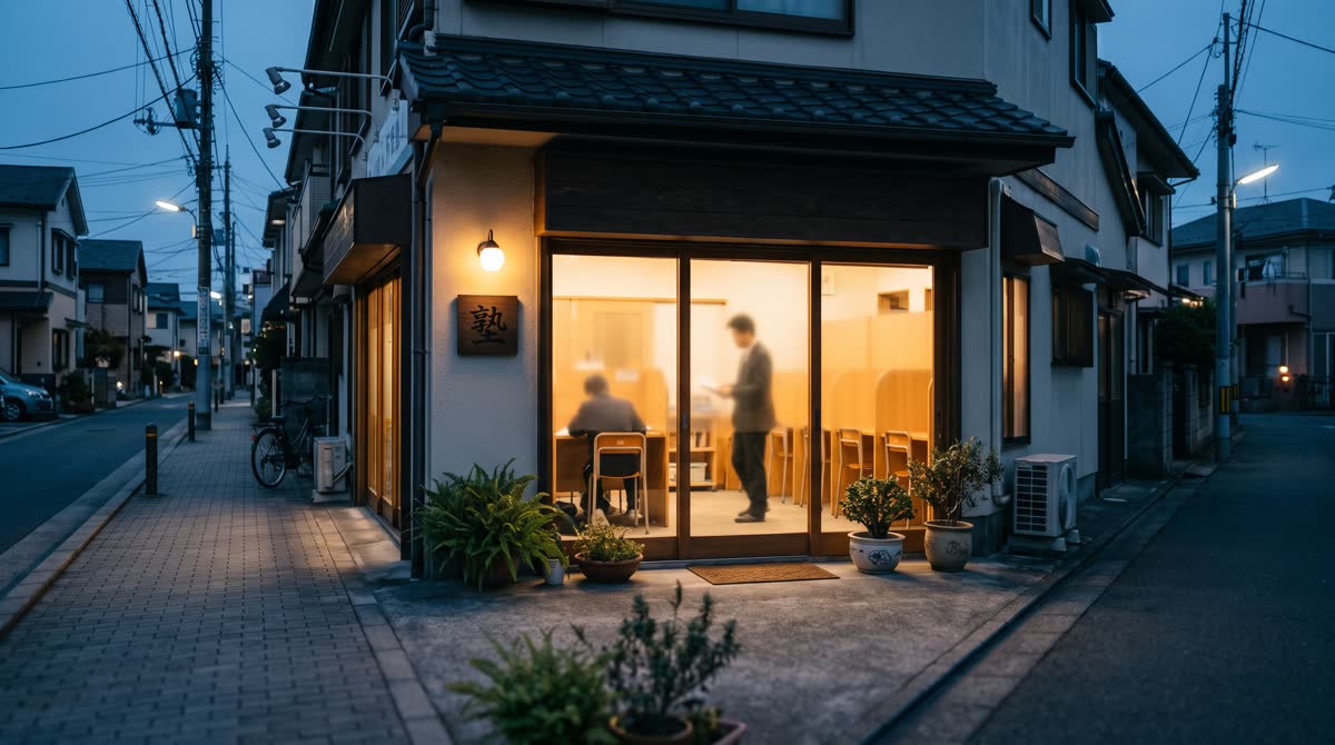 夕方、灯りのともった教室を通りから見たところ