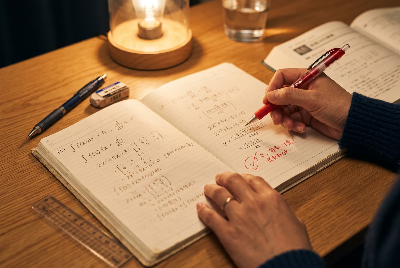 ノートに赤ペンで丸と書き込みを入れているところ